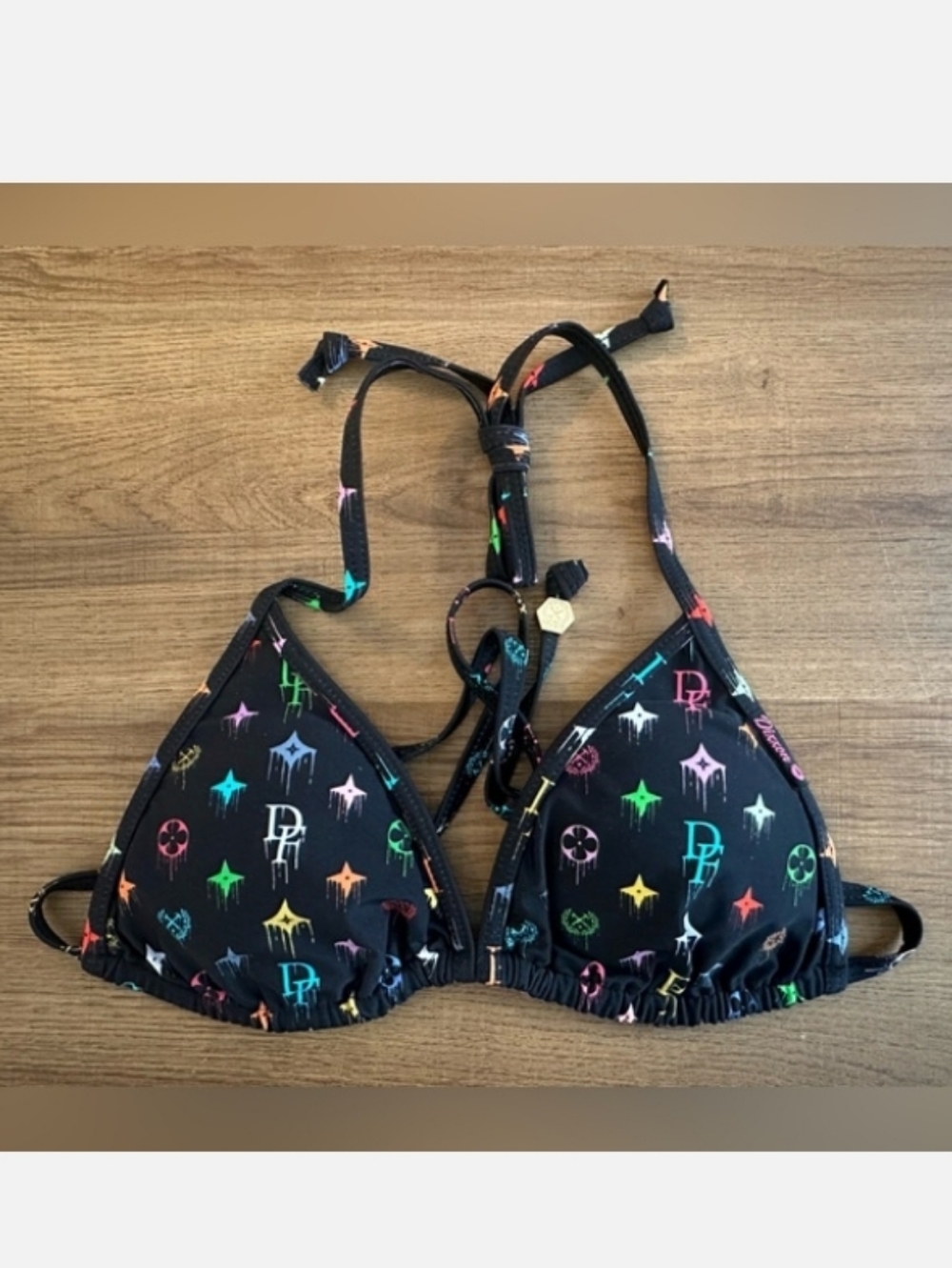 Dixxon Black Triangle Bikini Top with Rainbow Print